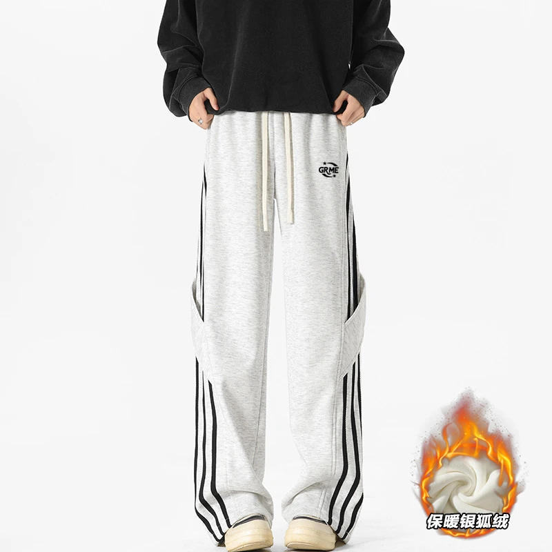 稻草人新款大码秋冬季男士休闲三条杠直筒时尚裤拖地裤银狐绒加绒