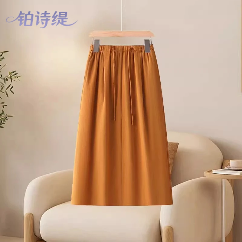 橙色棉麻半身裙女薄款2025夏季新款苎麻直筒裙松紧腰开叉a字裙子
