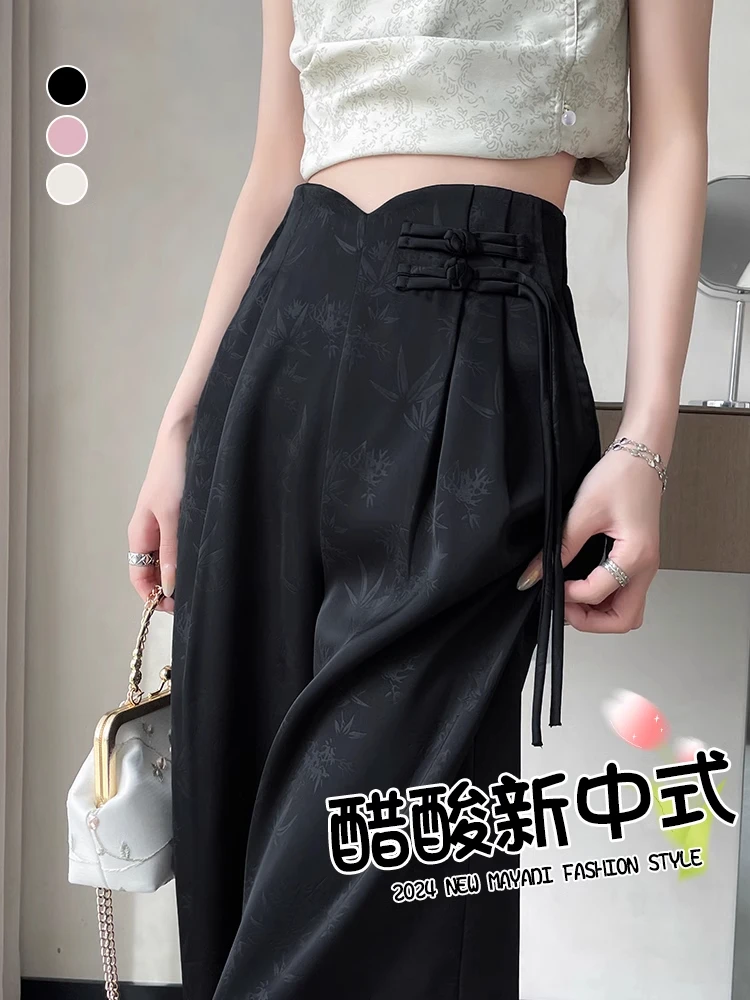 高端醋酸缎面裤子女2025新款爆款春季国风新中式提花盘扣阔腿裤夏