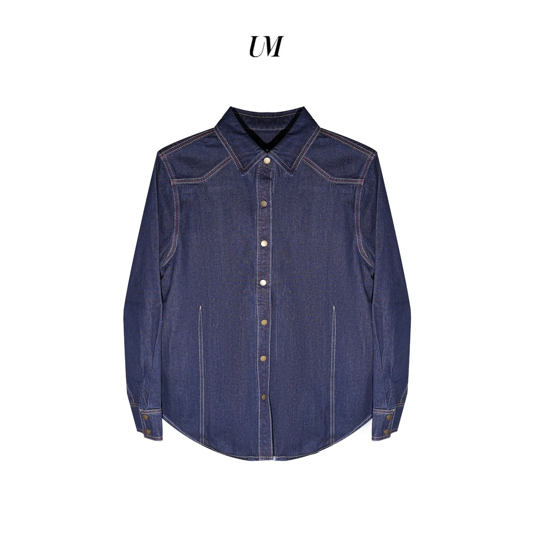 【U.M】明线设计水洗做旧翻领深色牛仔衬衫外套