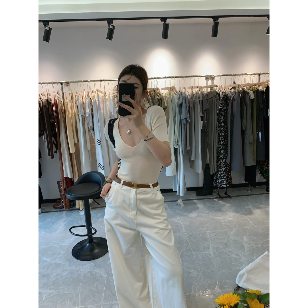 年度清仓【张驰有度】春夏新款韩版时尚简约V领B丝针织短袖T