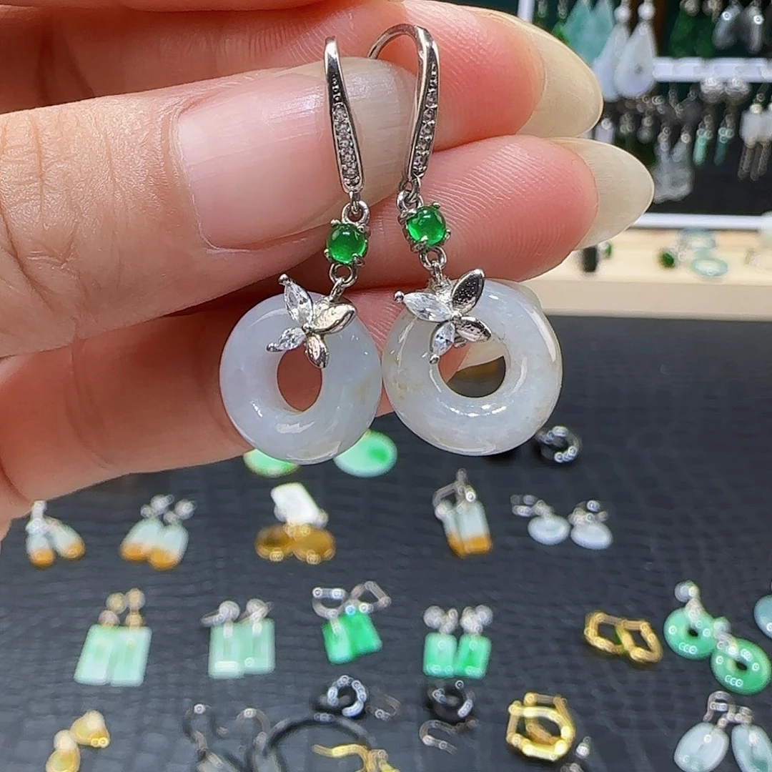 翡翠银S925镶嵌耳饰天然缅甸a货翡翠