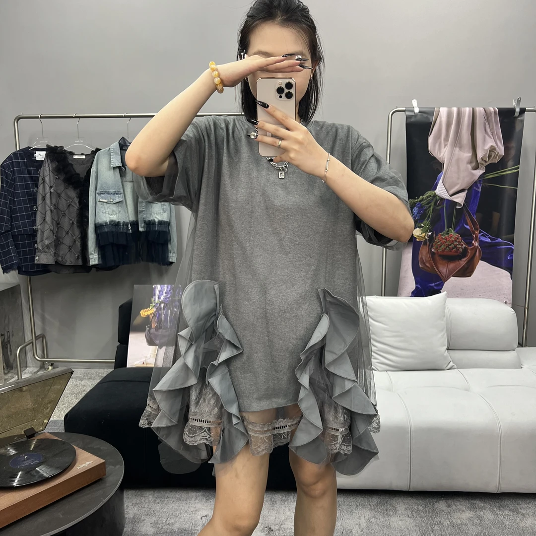 【治愈之旅】小众设计师轻奢2025春夏新款下摆蕾丝网纱拼接T恤3291