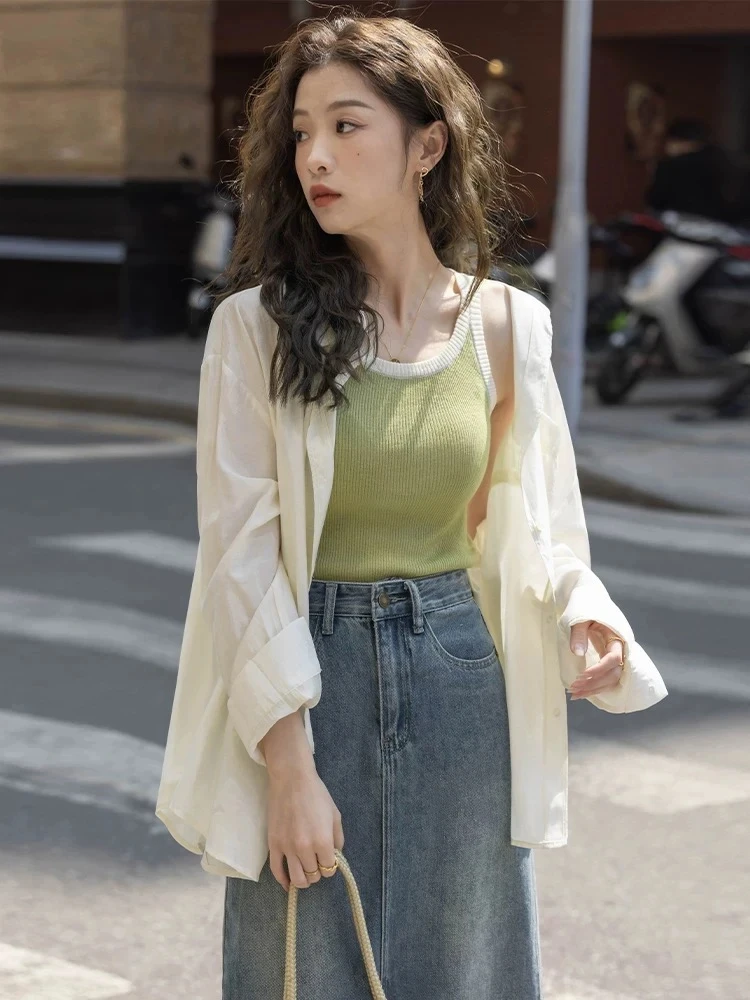 2025春季新款高级感穿搭针织背心衬衫上衣搭配牛仔半身裙三件套女