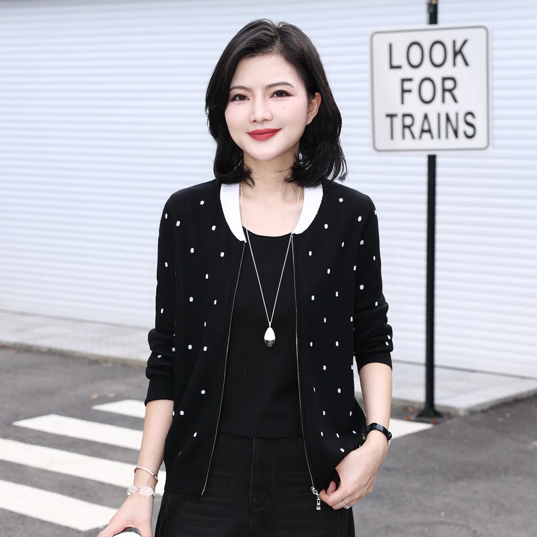 枫竺阿楠anan莱赛尔气质撞色圆领波点针织开衫棒球服女秋出游服装