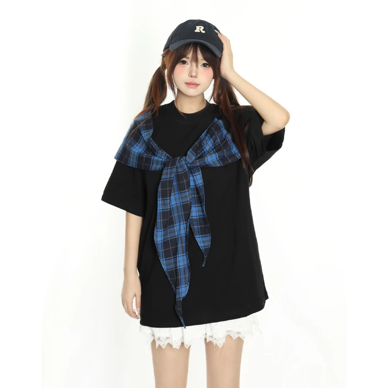 美式学院风蝴蝶结短袖t恤女慵懒风宽松设计感拼接格子百搭上衣