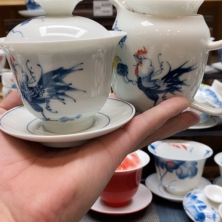 手绘微瑕公鸡盖1杯子两个加公杯
