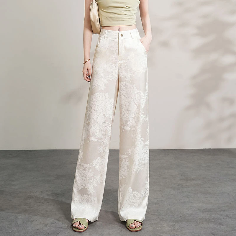 正品高端时尚2025夏季新款提花窄版阔腿裤女薄款高腰休闲直筒裤子