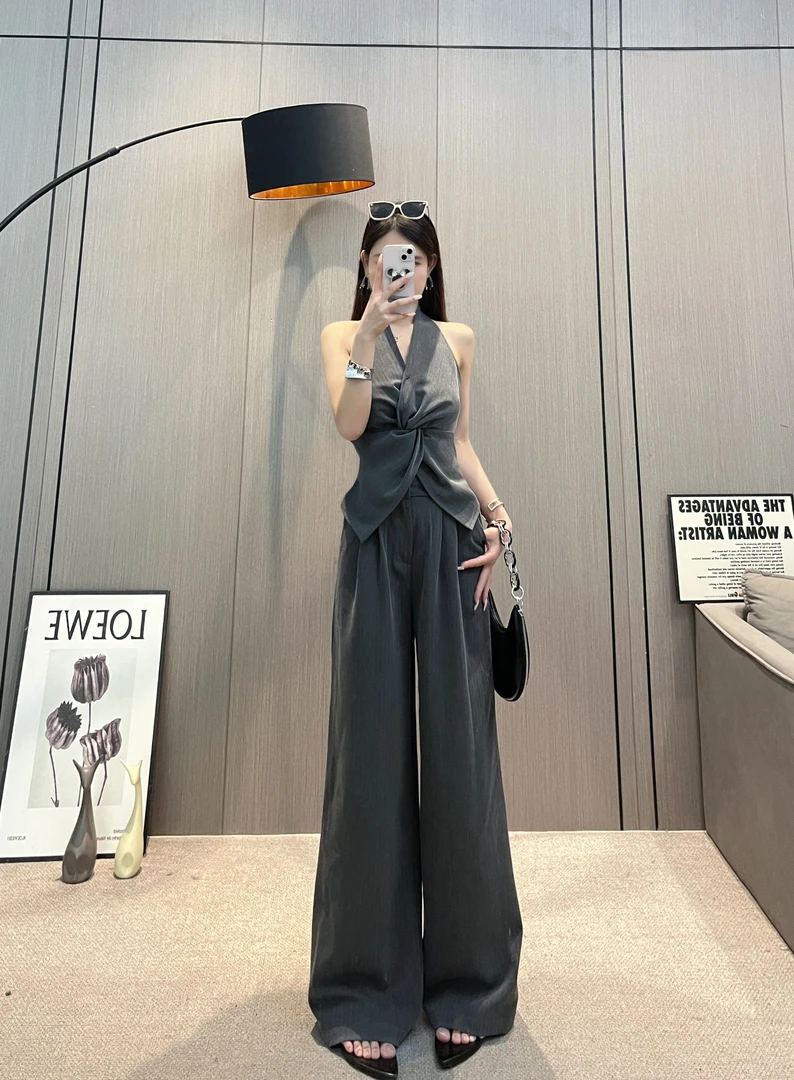 森森定制【巴黎之夜】夏季法式无袖扭结收腰高腰阔腿长裤套装T082