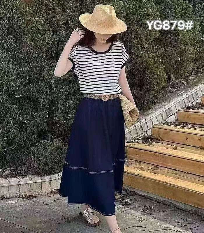 【卡蔻】9955夏季新款时尚坎袖条纹小衫+裙子两件套装（裤长98）