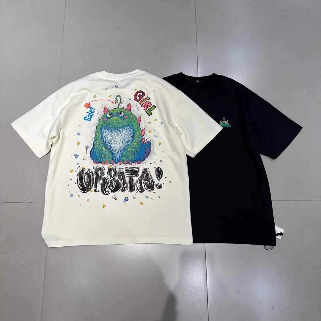 夏季新款刺绣男卡通彩绘小怪兽印花圆领短袖T恤美式宽松情侣半袖t