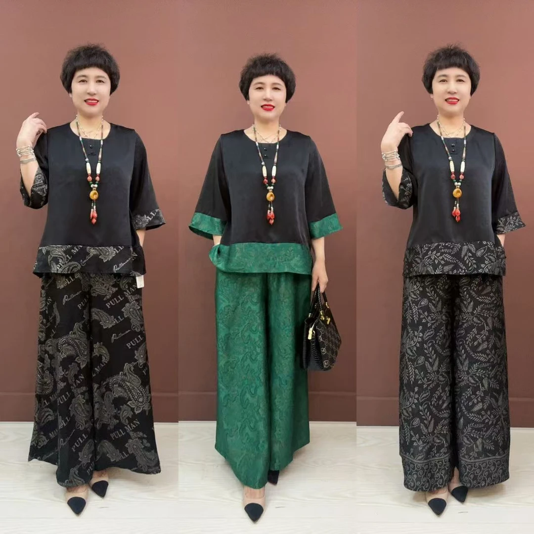 休闲风时尚短袖阔腿裤套装复古民族风两件套