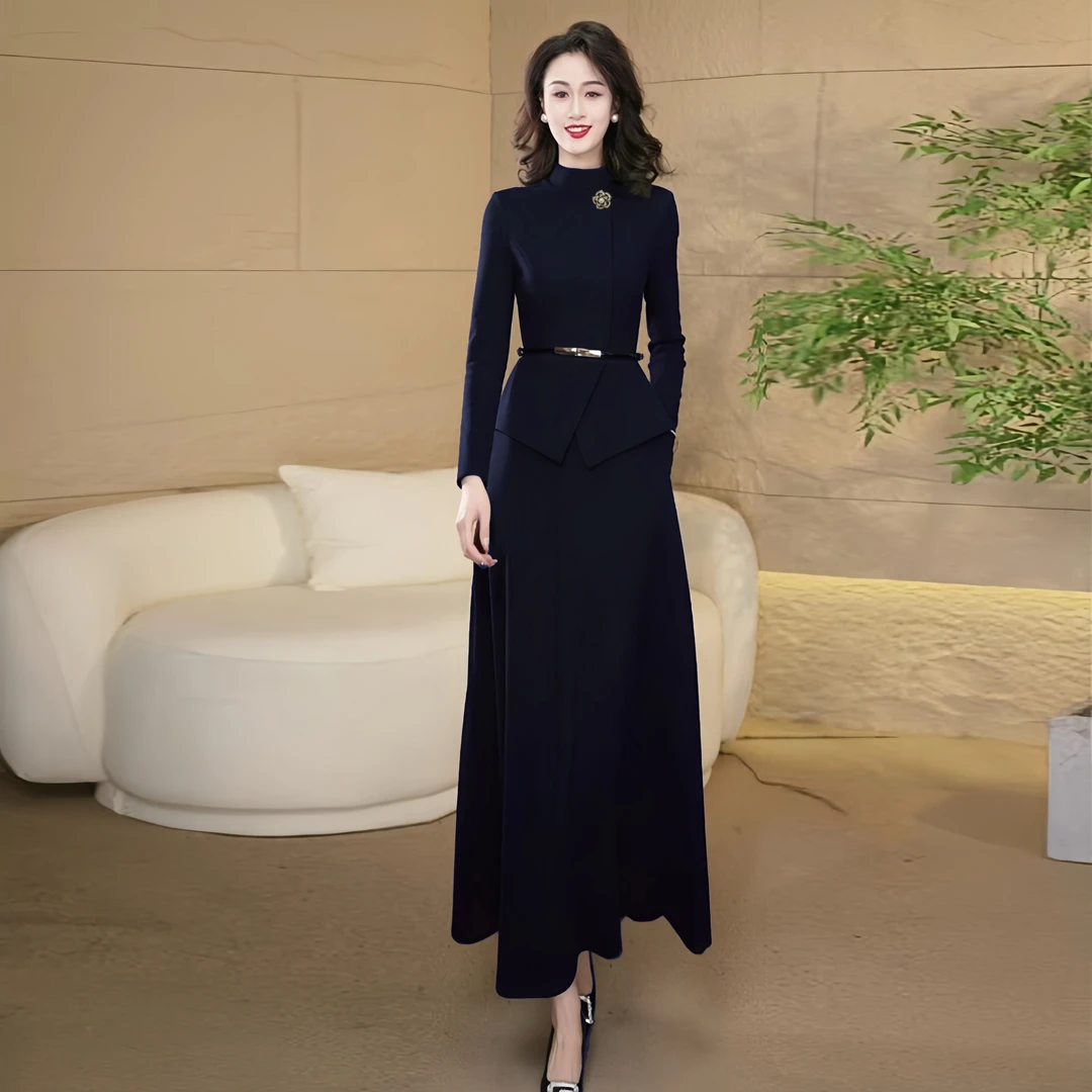 时尚轻奢假两件连衣裙2025春秋新款显瘦气质修身收腰长裙3072