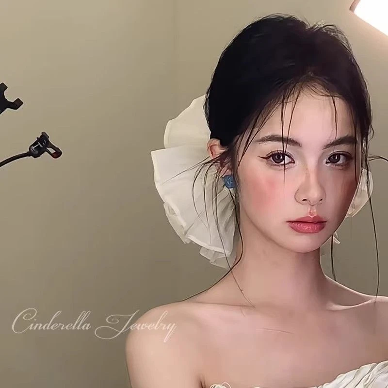 高级感头绳头花气质新娘结婚法式婚纱配饰超大褶皱双层发圈大肠圈