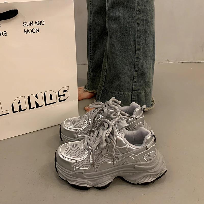 爆款松糕厚底老爹鞋女秋季小个子增高2025新款银色百搭休闲运动鞋