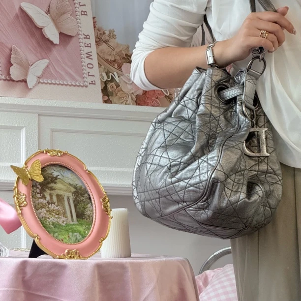 95新 DIOR/迪奥 dior银灰色藤格纹烧麦单肩包