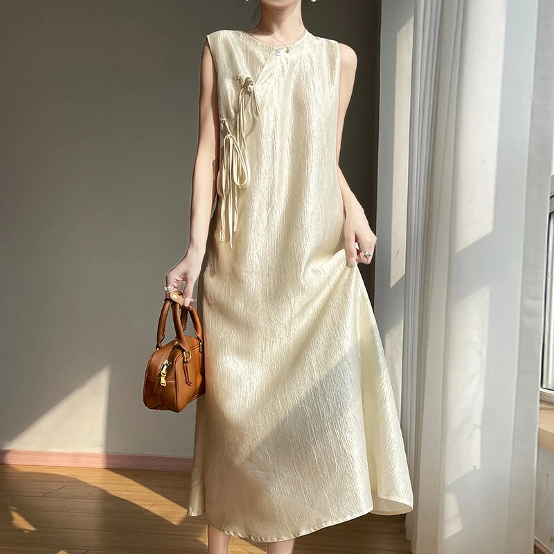 复古无袖长裙宽松连衣裙汉服缎面裂纹旗袍复古气质新中式中长款