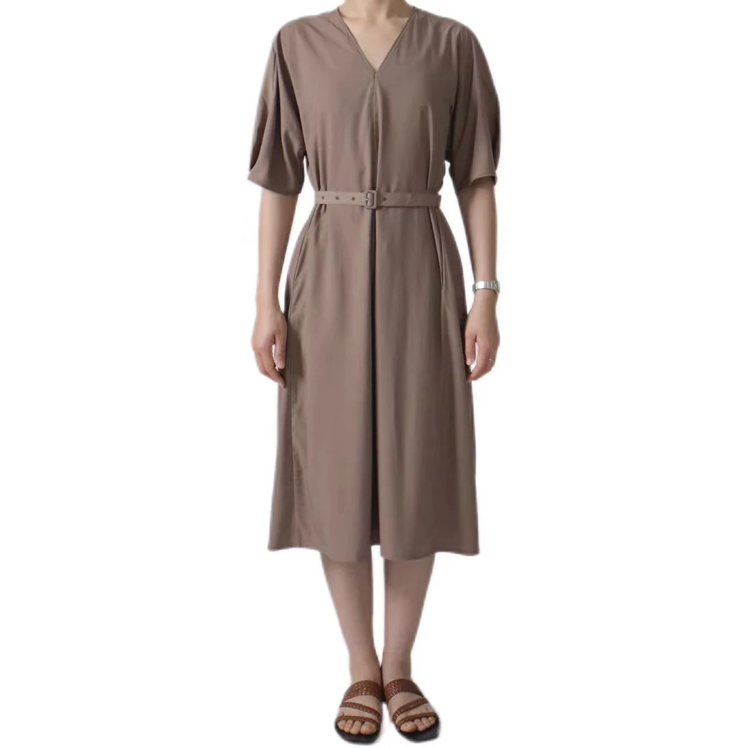 夏季日常通勤穿搭小众设计感长裙显瘦慵懒风V领连衣裙1051