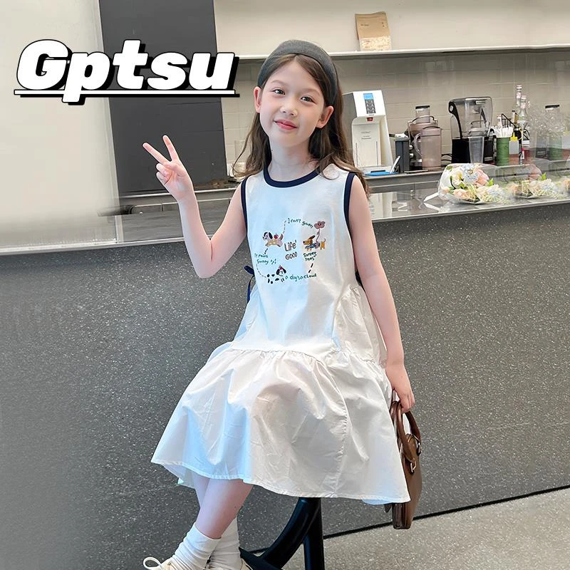 GPTSu大童拼接撞色白裙子儿童洋气网红连衣裙女童休闲背心2025款
