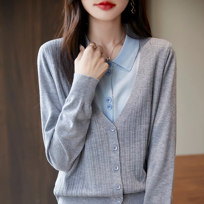 春秋混纺设计感假两件polo领针织衫女新款气质长袖上衣开衫