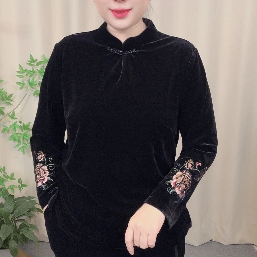 JR8718金丝绒旗袍领刺绣改良中式上衣中老年春秋时尚百搭打底小衫