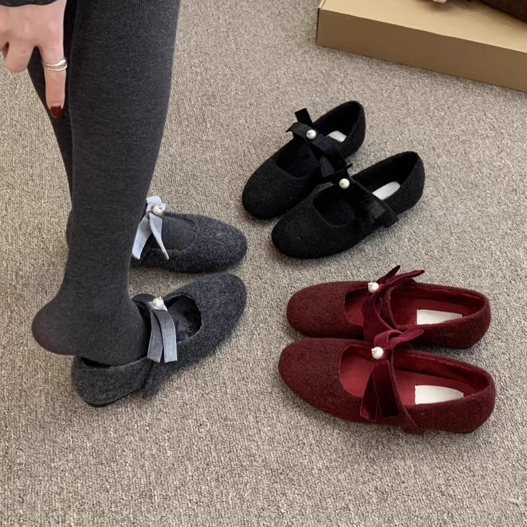 金慧彩韩系灰色玛丽珍毛毛鞋女冬外穿棉鞋新款法式平底加绒单鞋