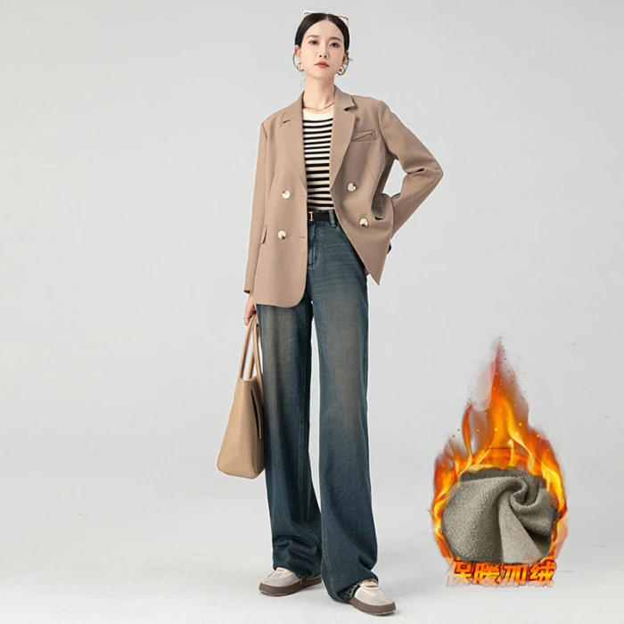 水泥灰高腰窄版阔腿牛仔裤女秋冬加绒保暖宽松显瘦垂感直筒拖地裤