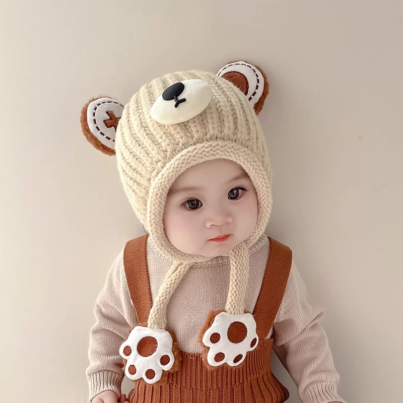 宝宝帽子冬季可爱小熊加绒护耳帽男女童秋冬加厚保暖针织毛线帽