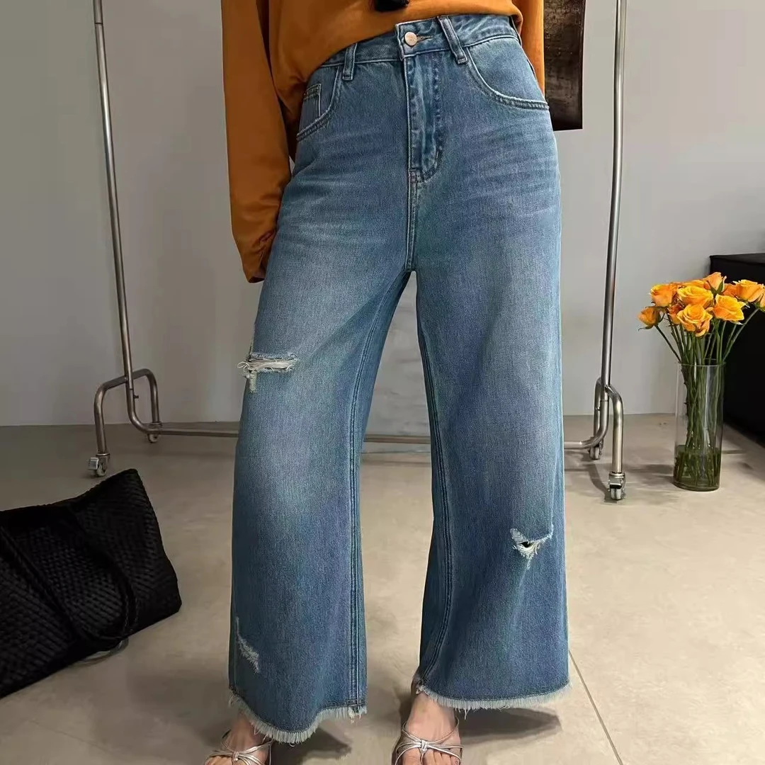 欧洲站夏季新款欧货休闲水洗做旧破洞毛边九分牛仔直筒裤女韩