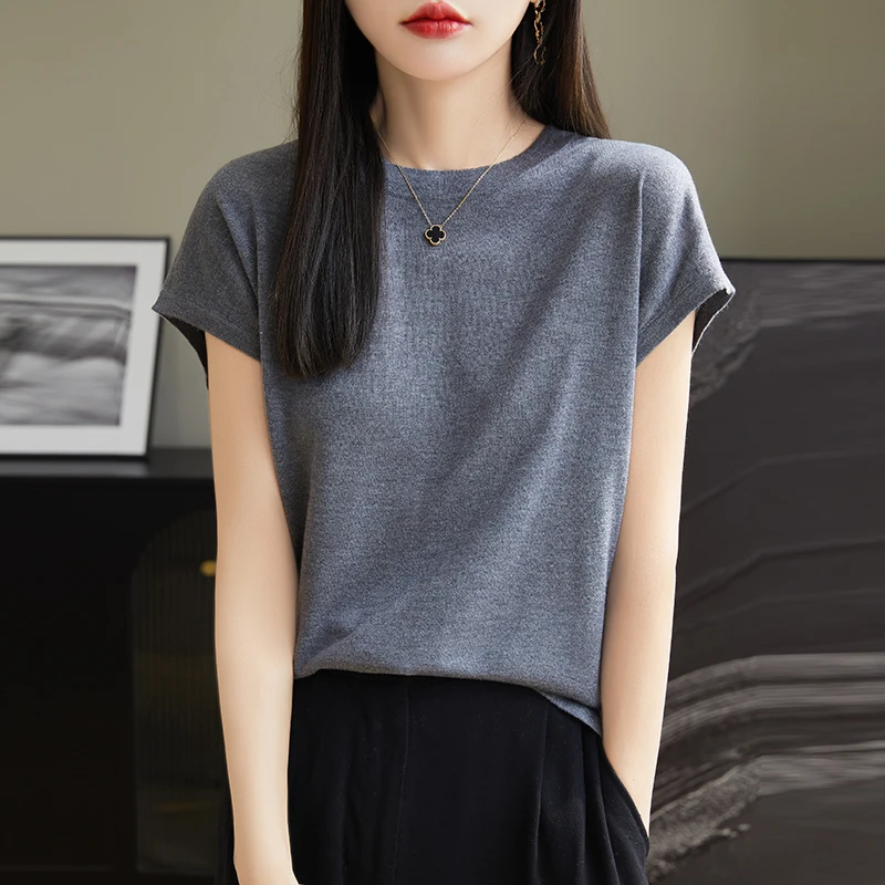 春夏精纺莱赛尔羊毛桑蚕丝针织飞飞袖圆领t恤女纯色薄款短袖百搭