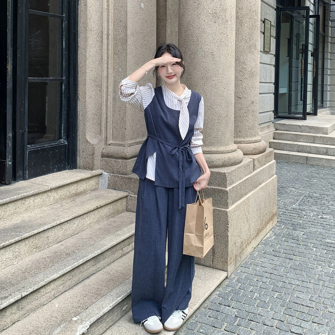 韩系甜酷风套装女2025早秋新款设计感条纹假两件上衣阔腿裤两件套