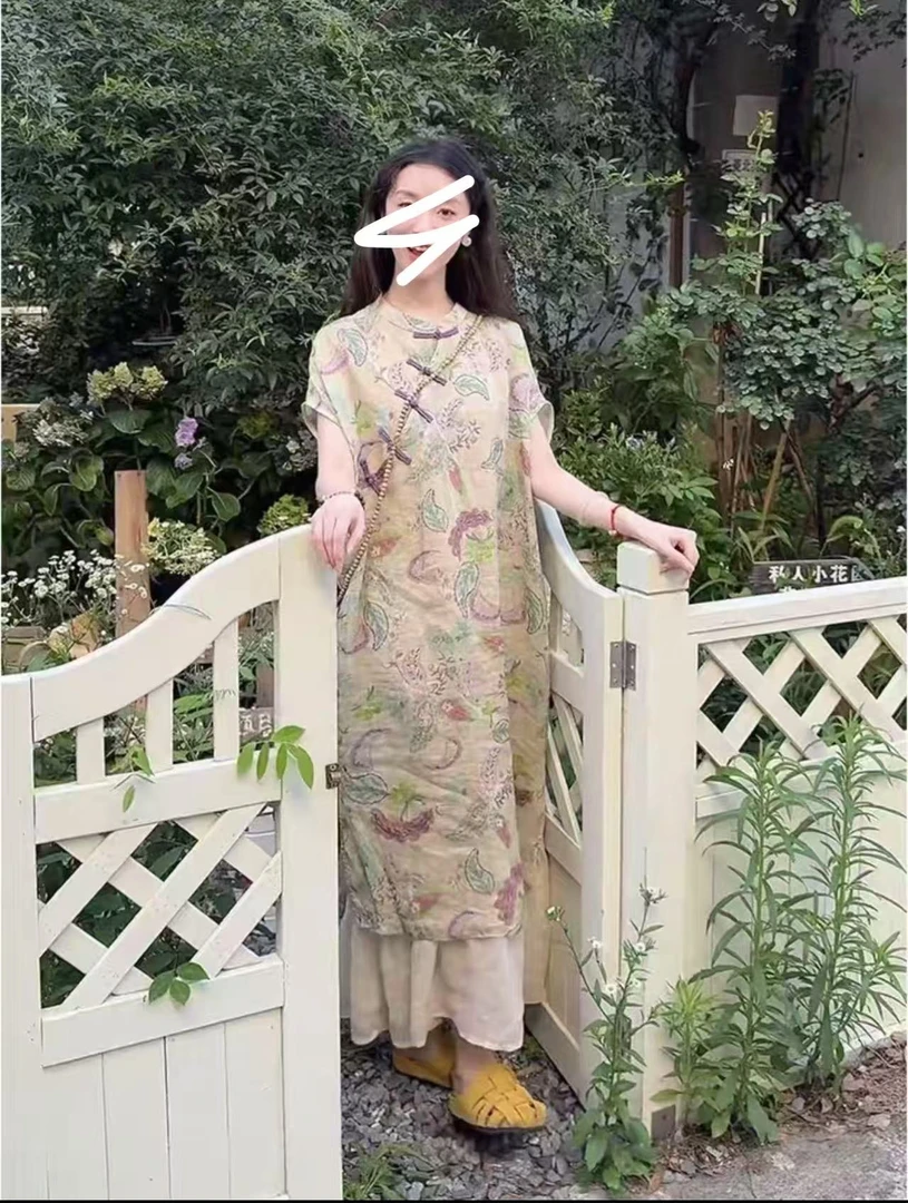 2025夏季彩绘国风旗袍斜襟盘扣气质减龄旗袍连衣裙长裙B201