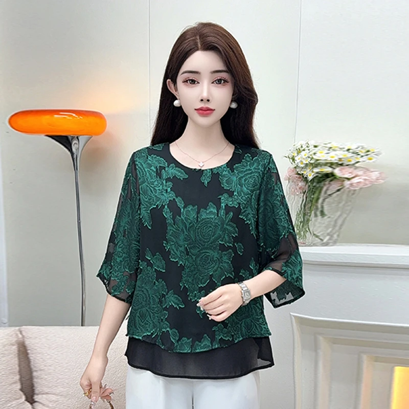 新款气质洋气套头衫中老年女装打底衫常规中长款大码宽松圆领夏装