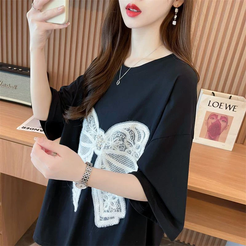 哥弟阿玛施正品棉混欧洲站2025新款t恤女短袖夏季宽松蝴蝶结刺绣