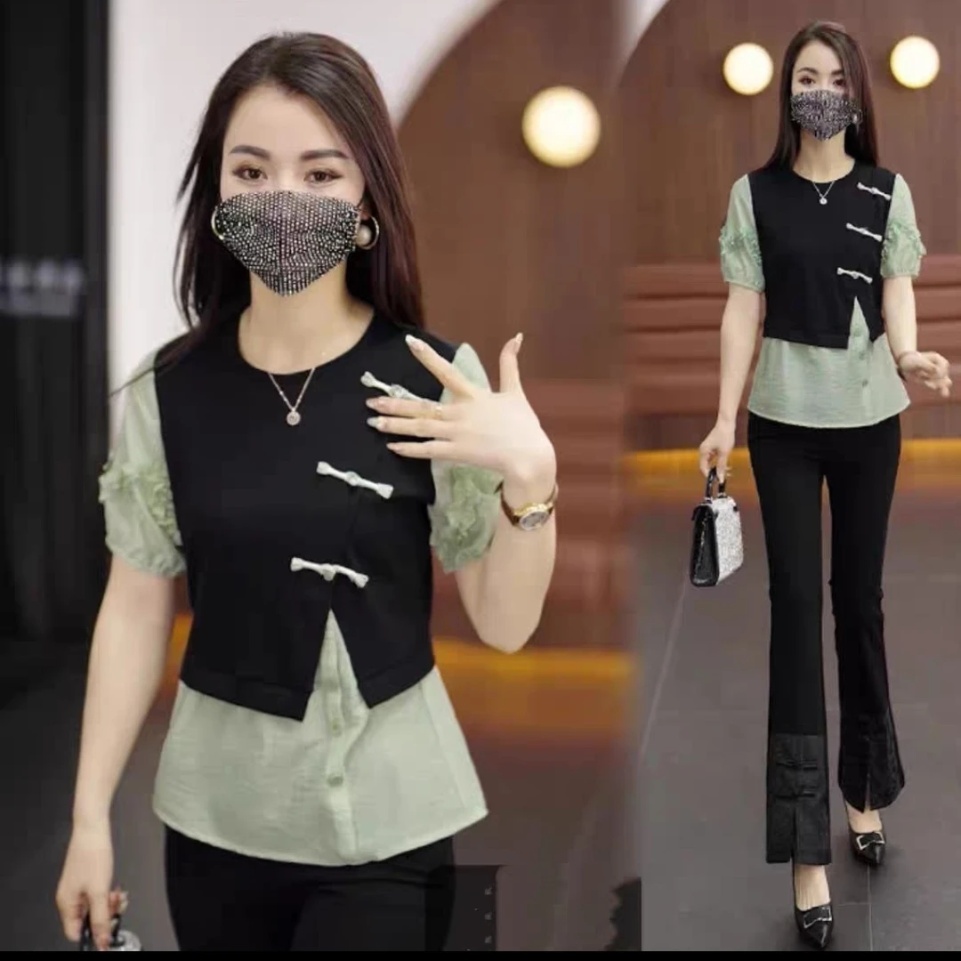 515假两件短袖衬衫上衣夏2025年新款时尚拼色中式国风盘扣小衫