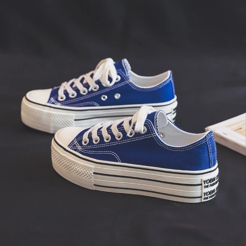 【LuYi】松糕厚底5CM系带帆布鞋女2025春秋小白鞋学生韩版百搭鞋