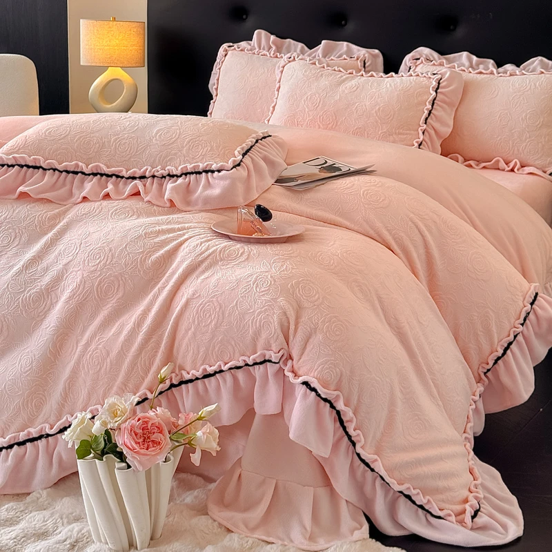 法式风雕花加厚冬季保暖牛奶绒花边被套双面绒床裙加绒韩版公主风