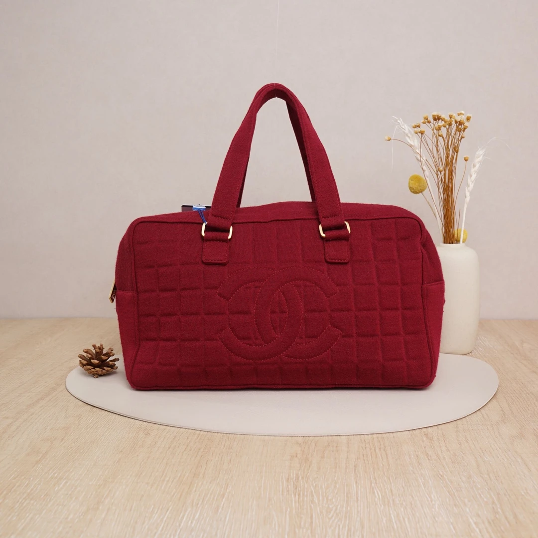 95新 Chanel/香奈儿 中古大logo手提托特包紫红色布7开/DS047771