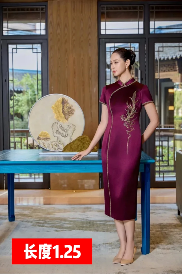 170277朱紫榆气质醋酸旗袍婚礼宴会后开叉高贵奢华婚庆礼服复古