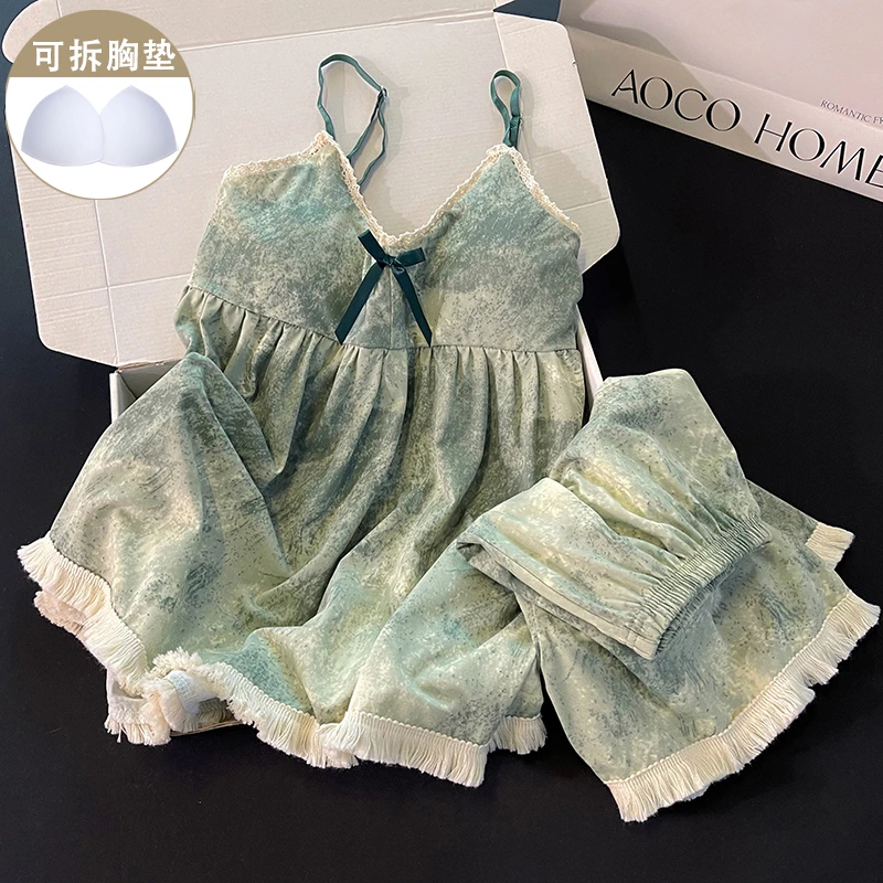 带胸垫睡衣女夏季高级感绿色水墨吊带短裤休闲宽松薄款家居服套装