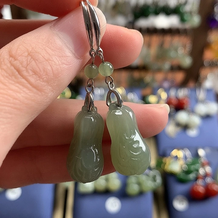 和田玉银S925镶嵌耳饰白菜22左右湖水绿