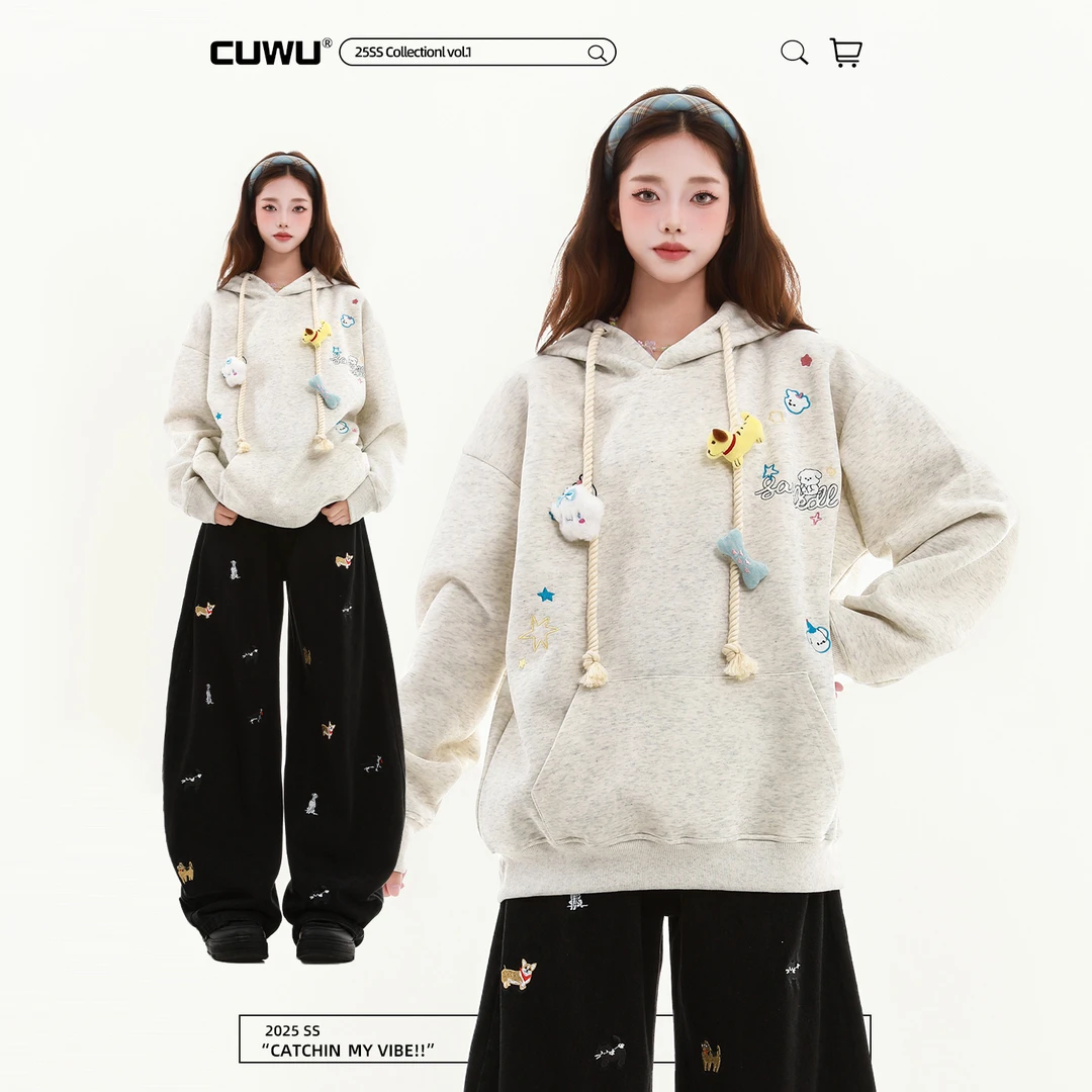cuwu可爱刺绣小狗玩偶连帽卫衣女男秋季美式慵懒chic宽松套头帽衫