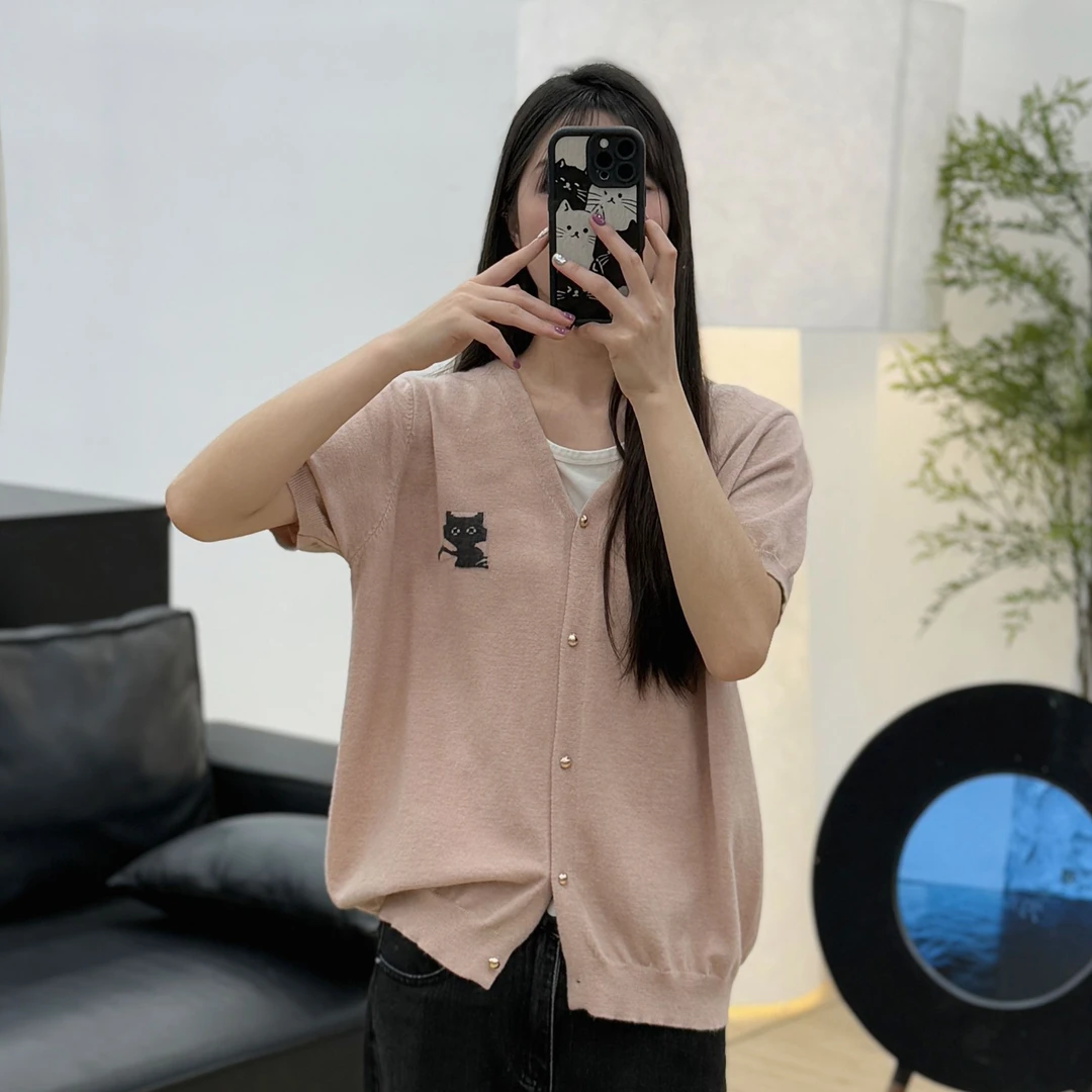 JUANJUAN自制女装V领金豆小猫开衫粉色短袖