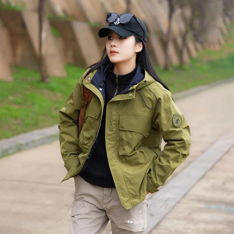 FOVDMTEK新款情侣款冲锋衣连帽休闲夹克百搭男女户外登山防风外套