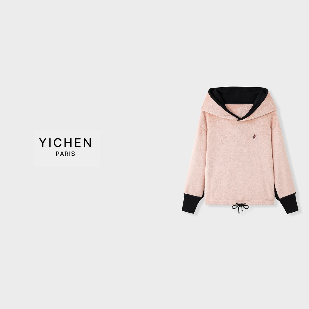 YC 杏粉色刺绣徽标毛毛连帽拼接抽绳卫衣-3249