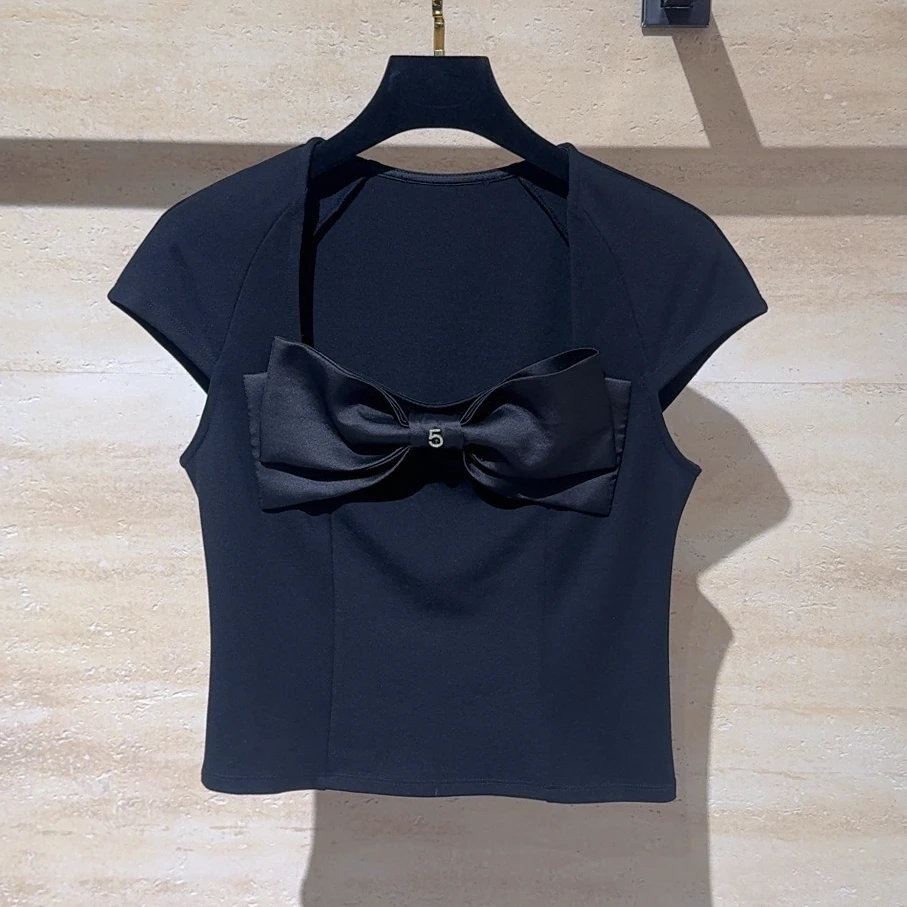 《猪猪出品》黑色无袖短袖极简风蝴蝶结抗皱T恤设计感百搭-765