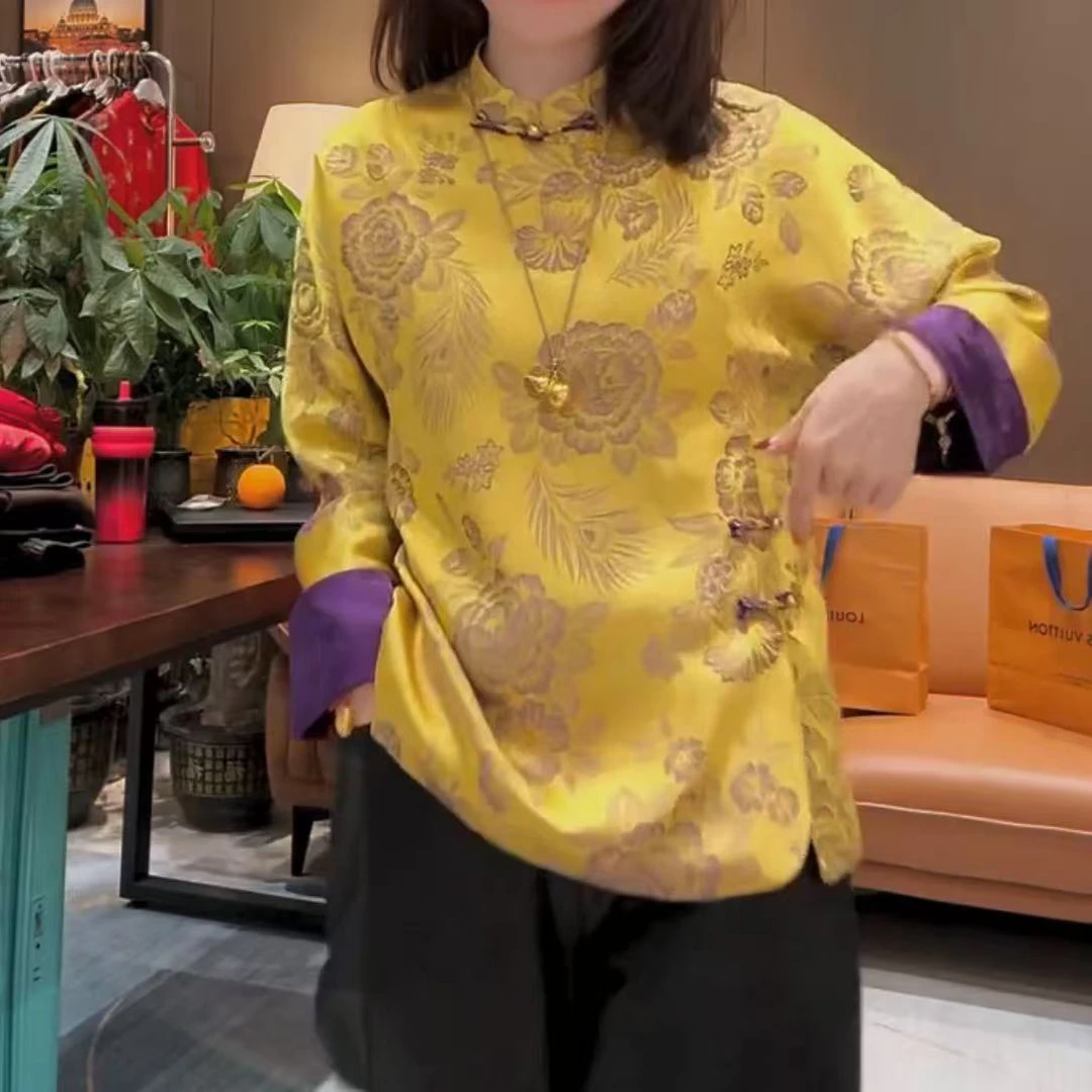 新中式国风复古衬衫女士长袖网红时尚百搭发财黄气质重磅打底小衫