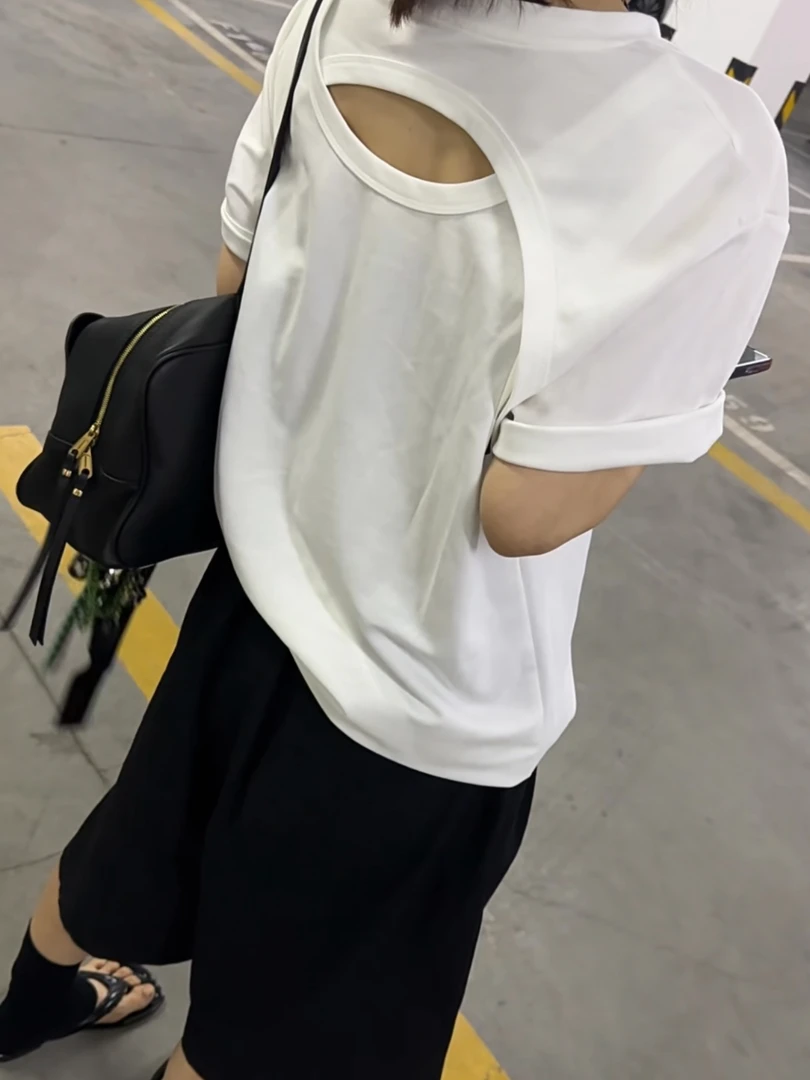 （2709）港味ins后背镂空设计感小众中长款气质百搭夏季圆领显瘦T恤