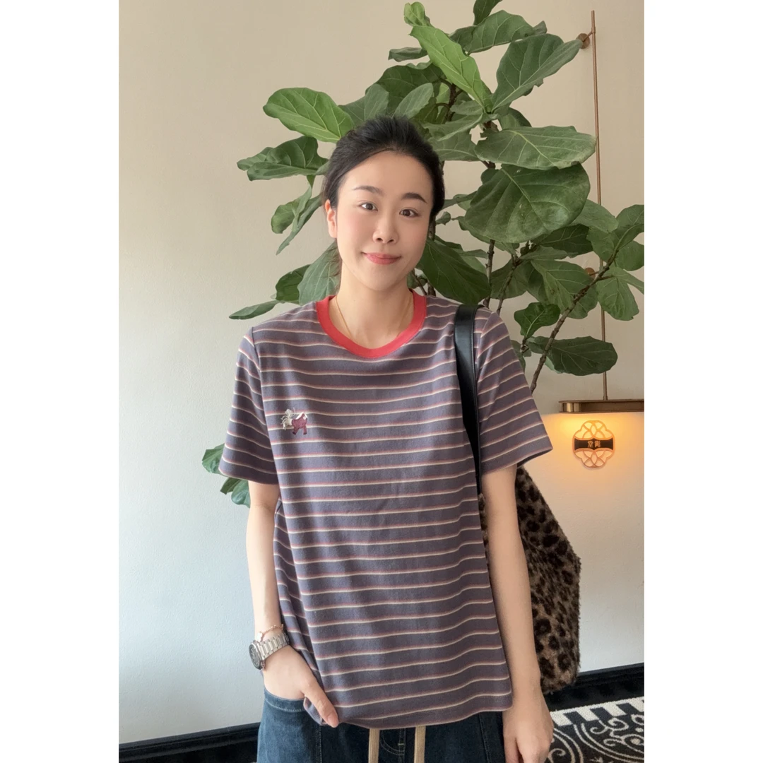美亚恩NANA【小马条纹】正肩款圆领撞色条纹T恤宽松显瘦短袖C0190