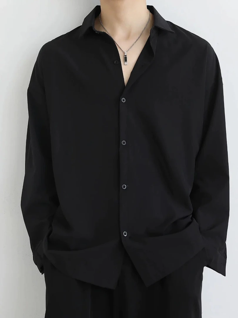 黑色衬衫男长袖春秋季潮高级感痞帅上衣男外套休闲男装冰丝白衬衣